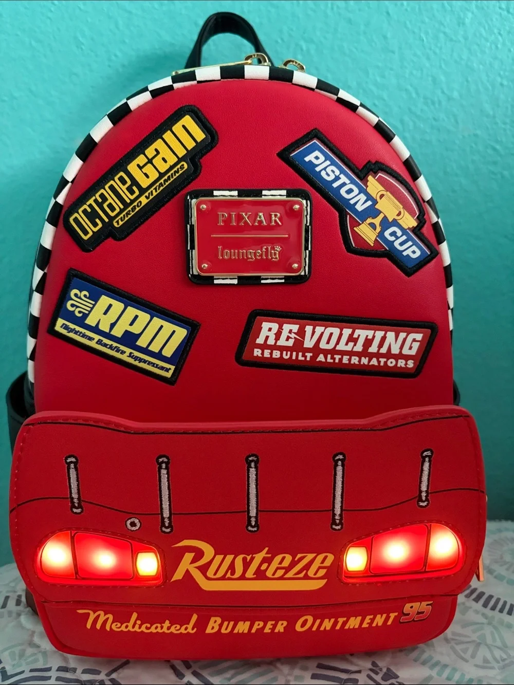 SET Loungefly Disney Pixar Cars Lightning McQueen Light-Up Backpack & Wallet NWT